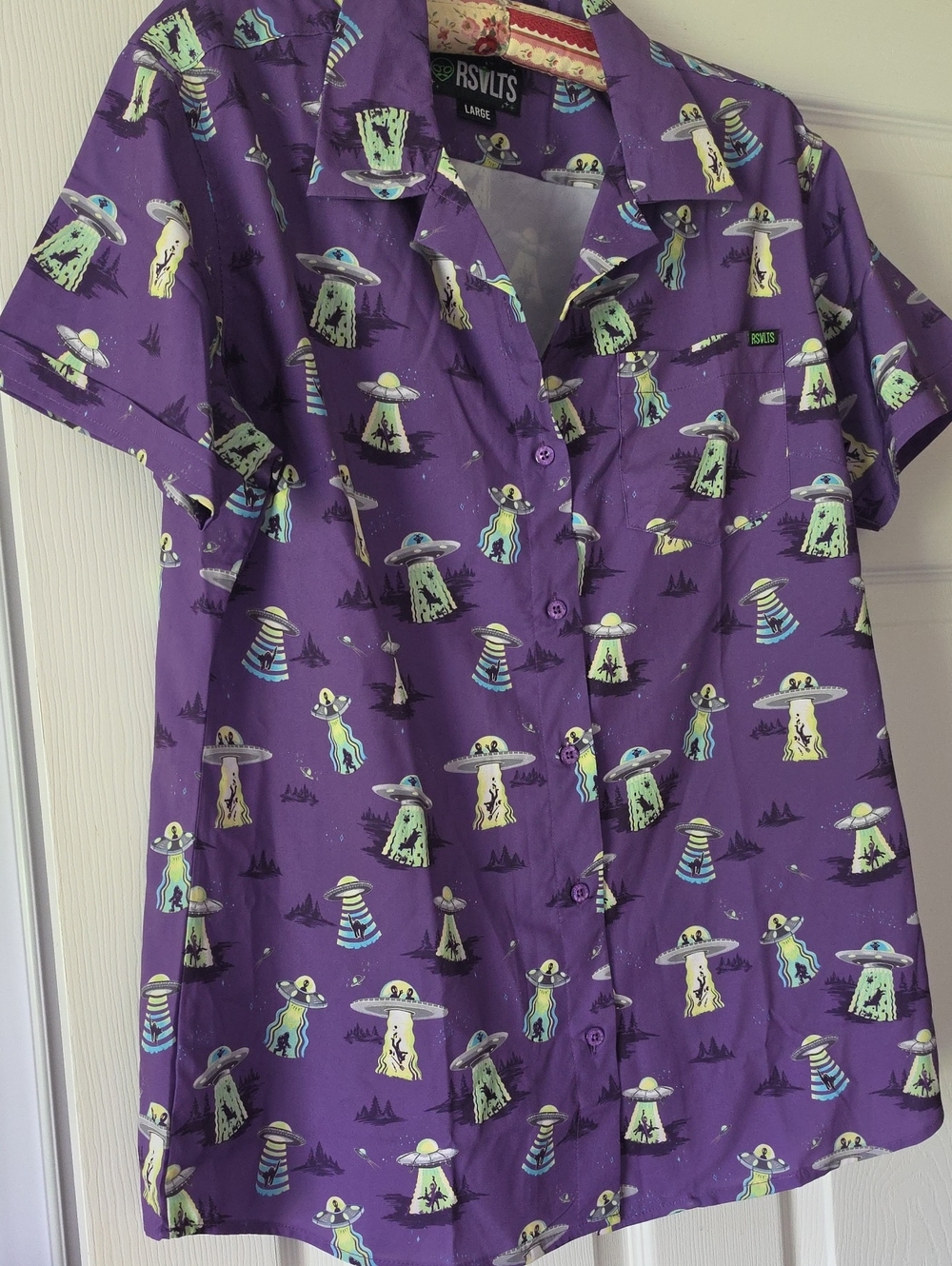 RSVLTS Retired Purple Short-Sleeve Alien & UFO Print Button-Up Shirt